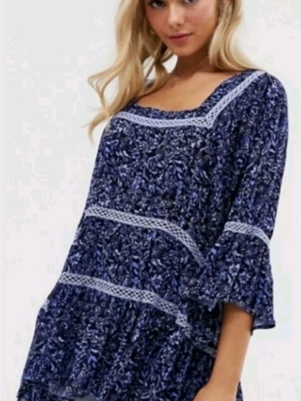 Free People Talk About It Tunic Navy Floral Print Square-Neck Peasant Top - Picture 2 of 5